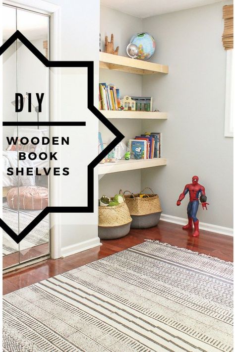 DIY wooden book shelves for a nook or alcove. floating natural wood shelving. Great idea for toy storage in a kids room. #diyhomedecor #modernfarmhouse #homeimprovement Toy Nook, Wooden Book Shelves, Alcove Ideas Living Room, Ivy Room, Alcove Shelves, Playroom Shelves, Playroom Makeover, Alcove Shelving, Shelves Design