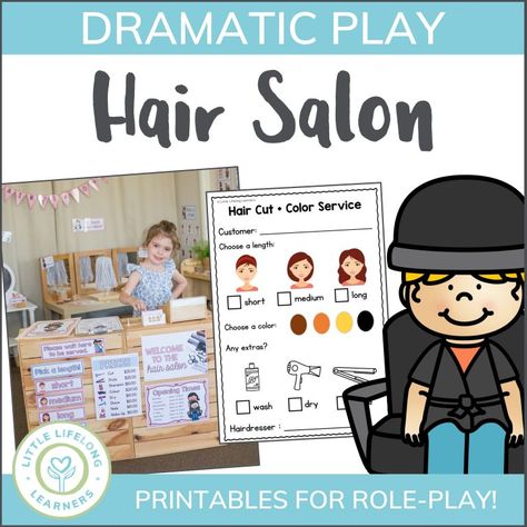 Dramatic Play Archives - Little Lifelong Learners Hair Salon Dramatic Play Kindergarten, Hair Salon Pretend Play, Hair Salon For Kids, Spa Dramatic Play, Beauty Salon Dramatic Play, Hair Salon Dramatic Play, Dramatic Play Area, Salon Signs, Dramatic Play Preschool