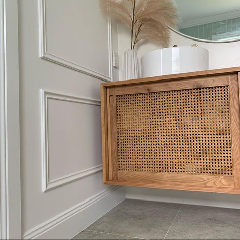 Rattan sideboard from Freedom used as a floating bathroom cabinet Rattan Cabinet Bathroom, Rattan Bathroom Cabinets, Rattan Bathroom Cabinet, Rattan Kitchen Cabinets, Small Ensuite Ideas, Seashell House, Kitchen Snug, Comfy Bedrooms, Rattan Bathroom