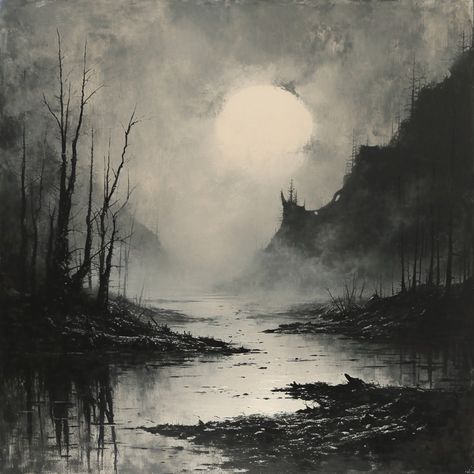 Charcoal Landscape Art, Landscape Paintings Dark, Monochrome Landscape, Creepy Photography, Moon Drawings, Black Drawing, Horror Drawing, Medieval Aesthetic, Moon Drawing