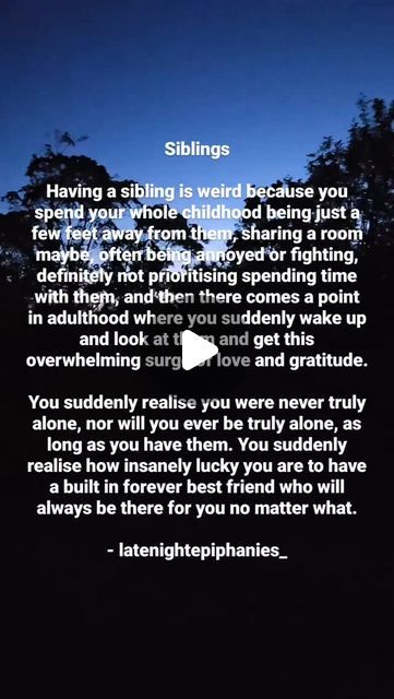 Catherine Hallissey | Parenting & Child Psychologist on Instagram: "🍀If you have a good relationship with your siblings, you’ve won the lottery of life!

My sisters are so special to me.

Lately, I’ve been thinking about how much fun I have with my sisters - it’s as if we revert to our childhood personalities when we are together (in a good way!)

I hope you have someone like this in your life too - whether they’re your sibling by birth or they're friends so special to you that they feel like siblings you have chosen.

➡️ SHARE this with them to let them know how much they mean to you & FOLLOW @catherine.hallissey for more

Quote: @latenightepiphanies_

#siblingslove #siblingsforever #sistersforever #brothersforever #chosenfamily" My Sister My Responsibility, Siblings Day Quotes, Siblings Day, Won The Lottery, My Responsibility, A Good Relationship, Child Psychologist, Good Relationship, Sisters Forever