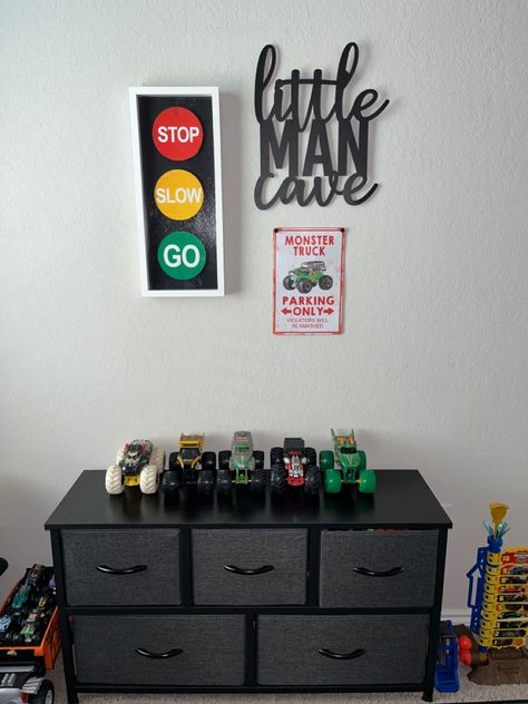 Car Theme Bedroom Boys, Racecar Bedroom Toddler, Monster Truck Bedroom Ideas Boy Rooms, Monster Jam Room Ideas, Race Car Room Boys, Monster Truck Kids Room, Monster Jam Bedroom Ideas, Race Car Nursery Theme, Boys Race Car Bedroom