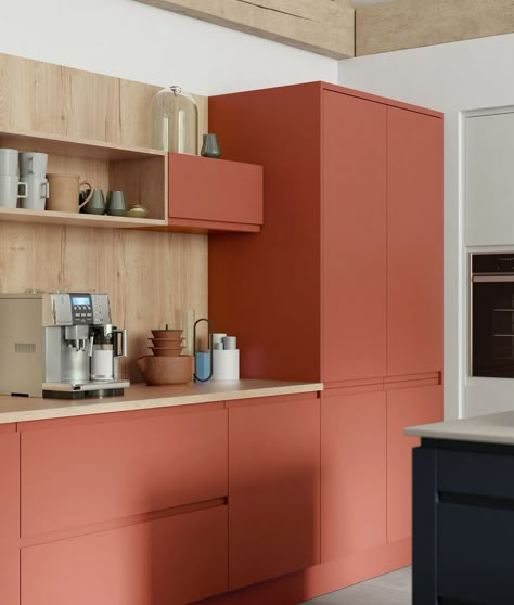 Terra Cotta Kitchen, Orange Kitchen Decor, Wooden Countertops, Terracotta Color, Orange Kitchen, Color Decoration, Kitchen Color, Household Furniture, Cheap Decor