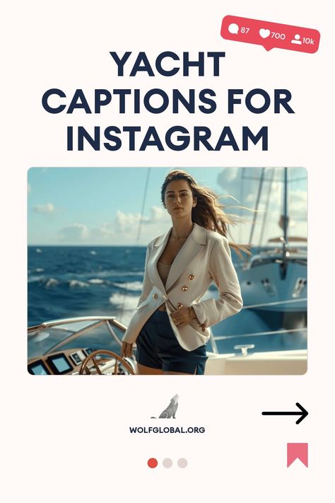 Woman in a stylish blazer on a yacht with caption "Yacht Captions for Instagram".
Illustration of a checklist with luxury sailing and yachting lifestyle statements, and a red call-to-action button.
A promotional image for an Instagram engagement pod offering likes and comments, with a happy woman using a laptop. Insta Captions For Boat Pics, Yacht Captions Instagram, Boat Insta Captions, Yacht Quotes, Sailing Captions Instagram, Captain Instagram Caption, Boat Captions, Yacht Quote, Yacht Advertising