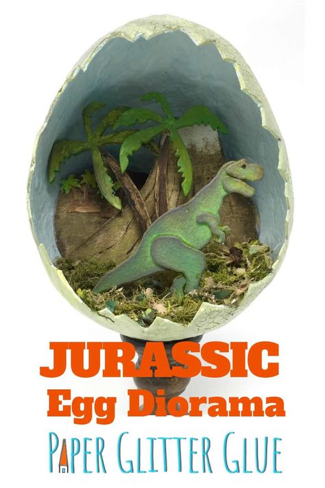 How to make the Jurassic Egg, a Dinosaur Diorama made with a paper mache egg you can construct easily. You just need a balloon, strips of paper, and glue for the egg. Then use a dinosaur cut out and scenery for the diorama. Volcanic Background, Paper Mache Dinosaur, Egg Dinosaur, Dinosaur Cut Outs, Dinosaur Diorama, Winter Paper Crafts, Dinosaur Scene, Make A Dinosaur, Diy Easter Eggs