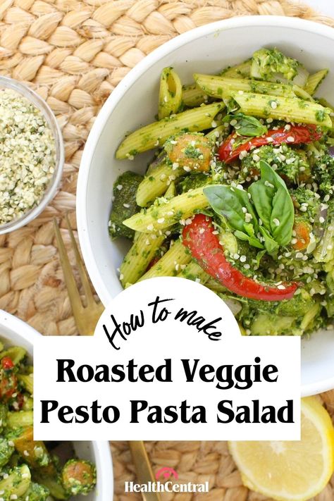 This Roasted Veggie Pesto Pasta Salad recipe marinates in an earthy kale-basil pesto, which is rich in polyphenols and vitamin K. Boost your nutrient intake even more by choosing seasonal vegetables for maximum anti-inflammatory nutrients. Veggie Pesto Pasta, Veggie Pesto, Pesto Salad, Seasonal Vegetables, Pesto Pasta Salad, Chickpea Pasta, Pasta Salad Recipe, Chopped Carrots, Healthy Food Blogs