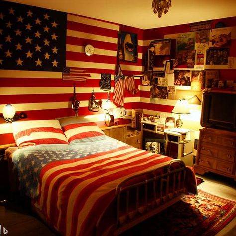 America Bedroom, American Themed Bedroom, Americana Room Aesthetic, America Bedroom Theme, American Flag Room Decor, Boys Usa Bedroom, Vintage Americana Bedroom Aesthetic, Vintage Americana Bedroom, American Bedroom Design