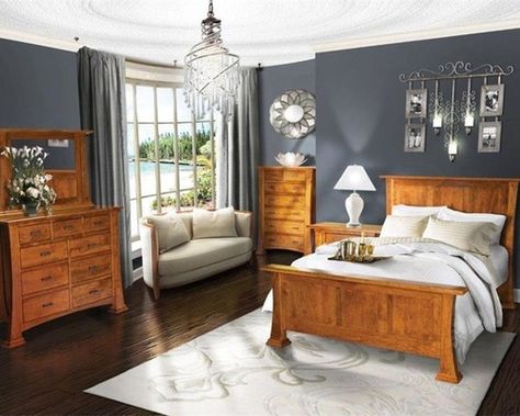 Bedroom - Update dated Honey / Golden Oak furniture with a more modern design palette Dark Bedroom Furniture, Pine Bedroom, Grey Bedroom Furniture, Oak Bedroom Furniture, Bedroom Furniture Makeover, Bedroom Updates, Wood Bedroom Furniture, Oak Bedroom, Bedroom Wall Colors