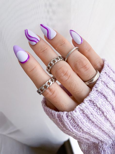 Purple abstract nail art , short almond Swiggly Nails, Purple Abstract Nails, Nails Gray, Nail Art Spring, Ariel Hair, Abstract Nails, Abstract Nail, Cuticle Oil Pen, Luxury Press On Nails