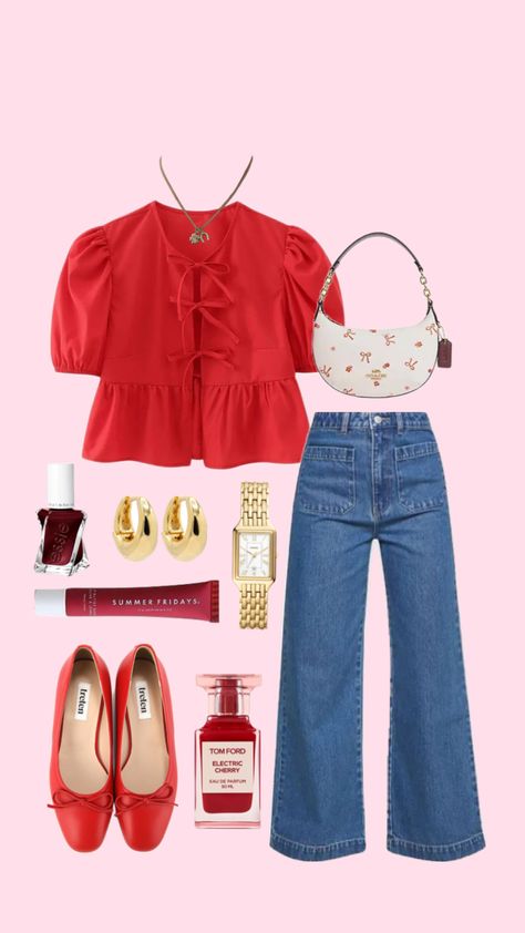 #outfitinspo #beauty #ootd #red #cherry #fitinspo #summer #spring #coach #redaesthetic Trendy Red Outfits, Casual Birthday Guest Outfit, Smart Casual Ideas Women, Spring Clothes 2024, Red And Jeans Outfits, Blue And Red Outfit Aesthetic, Red Outfit Aesthetic Summer, Ootd 2024 Summer, Puff Sleeve Shirt Outfit