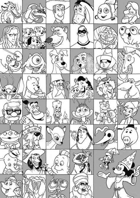 Collage Coloring Pages, Line Art Disney, Disney Art Ideas, Big Sketchbook, All Disney Characters, Disney Canvas Art, Disney Movie Characters, Arte Doodle, Disney Canvas