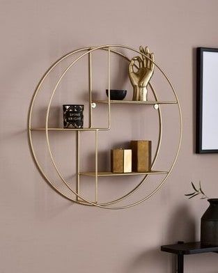 Round Wall Shelves, Round Shelf, Gold Rooms, Gold Living Room, Gold Bedroom, Iron Shelf, Hallway Ideas Entrance Narrow, Gold Walls, Wire Shelving