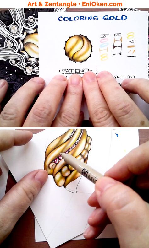 Coloring Gold Lesson — Eni Oken Coloring Gold With Colored Pencils, How To Color Gold With Colored Pencils, Gold Coloring Tutorial, Coloring Gold, Eni Oken, Colored Pencil Art Projects, Gem Drawing, Joanna Basford Coloring, Blending Colored Pencils