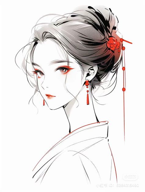 Chinese Anime Drawing, Chinese Style Drawing, Chinese Anime Woman, Chinese Girl Drawing, Chinese Woman Art, Asian Girl Drawing, Chinese Anime Art, Chinese Manga, Chinese Drawing