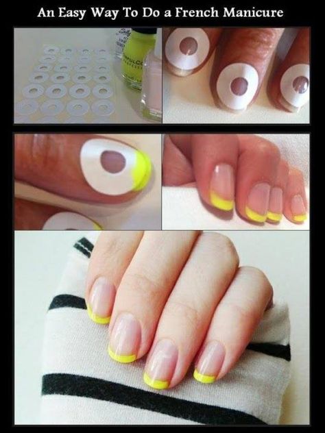 Using paper hole reinforcement rings as nail guides Prom Hacks, French Manicure Diy, Do It Yourself Nails, Diy Nails Easy, Classic Nail Art, Manicure Tutorials, Easy Manicure, French Manicures, French Manicure Designs