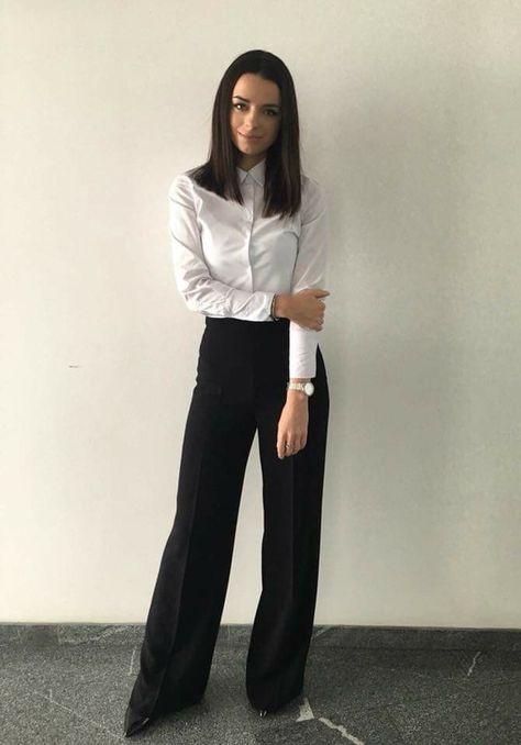 Dress Pants Formal Outfits, Blouse And Slacks Women, Black Slacks White Button Up Women, White Shirt And Black Pants Women Formal, White Shirt And Black Trousers For Women, White Shirt Black Trousers Outfit Women, White Button Up And Black Pants, White Formal Shirt Outfit Women, White Top Black Bottom Outfit Formal