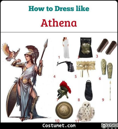 Athena costume is a long white dress, a chest plate, gantlets, a shoulder cover, a belt, leg guards, a Roman warrior helmet, and sandals.           #Female #female #warrior #Greek #myth #god #goddess #Roman Roman Warrior Costume, Athena Cosplay Goddesses, Diy Athena Helmet, Athena Goddess Costume Diy, Athena Greek Goddess Costume, Athena Costume Diy, Athena Goddess Costume, Greek Gods Costume, Greek Goddess Athena Costume