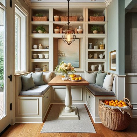 Breakfast Nook Open Shelves Breakfast Nook, Breakfast Nooks With Benches, Breakfast Nook House Plan, Extending Kitchen Cabinets Into Breakfast Nook, Kitchen Design With Breakfast Nook, Kitchen Breakfast Nook Ideas, Built In Breakfast Nook Corner, Cottage Breakfast Nook, Farmhouse Kitchen Nook