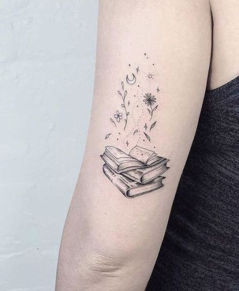 Cute Arm Tattoos For Women We're Obsessed With - Society19 Small Book Tattoo, Open Book Tattoo, Book Tattoo Ideas, Book Inspired Tattoos, Bookish Tattoos, Tattoos For Lovers, Tattoo Design Book, Arm Tattoos For Women, Book Tattoo