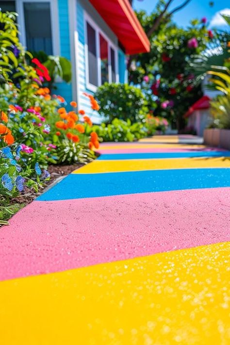 Colorful Makeover: Driveway Paint Ideas to Transform Your Home Driveway Marker Ideas, Curb Painting Ideas, Paint Driveway Concrete, Colored Asphalt Driveway, Driveway Paint Ideas, Painting Driveway, Rainbow Walkway, Concrete Driveway Paint, Painted Driveway