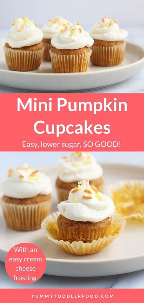 Mini Pumpkin Cupcakes with Cream Cheese Frosting Mini Pumpkin Cupcakes, Pumpkin Cupcakes Easy, Easy Pumpkin Cupcakes, Mini Cupcake Recipes, Pumpkin Cupcakes With Cream Cheese, Mini Pumpkin Muffins, Pumpkin Cupcake Recipes, Cream Cheese Frosting Easy, Pumpkin Recipes Healthy