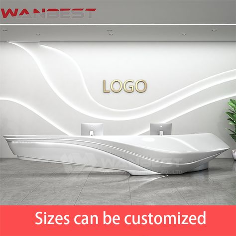 Futuristic Reception Design, Creative Reception Desk Design, Futuristic Reception, Fabric Shop Display, Modern Office Reception, White Reception Desk, Reception Table Design, White Reception, Stone Furniture