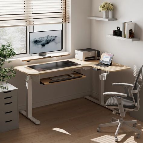 Eureka Ergonomic Corner L Shaped Standing Desk with Monitor Stand & LED Strips, Dual Motor & Reviews | Wayfair L Shaped Standing Desk, Large Corner Desk, Corner Standing Desk, Desk With Monitor Stand, Desk With Monitor, Standing Desk Ergonomics, Desk With Keyboard Tray, Wood Office Desk, Electric Standing Desk