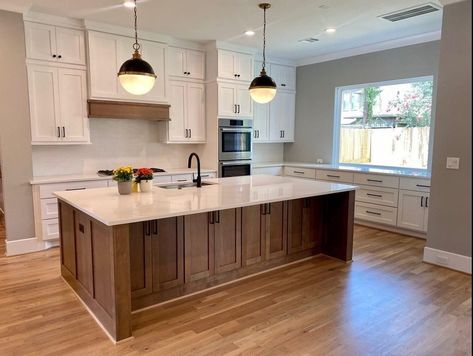 White Kitchen Cabinets With Dark Brown Island, Wood Cabinet Island, Brown Island White Cabinets, Brown Kitchen Island, Large Kitchen Island Designs, Black Kitchen Handles, Walnut Island, Cottage Remodel, Remodel House