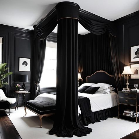 Dark Romantic Bedroom Ideas, Dark Romantic Bedroom, Black Canopy Bed, Romantic Bedroom Design, Romantic Bedroom Ideas, Moody Bedroom Ideas, Moody Bedroom, Dark Bedroom, Dark Romantic