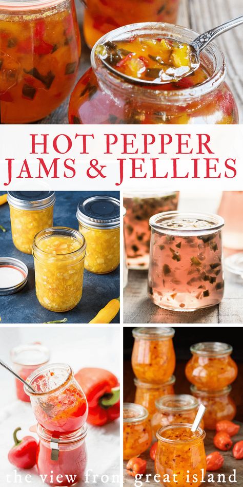 My favorite hot pepper jams and jelly recipes ~ #appetizer #canning #preserves #homemade #freezer #refrigerator #easy #jalapeno #habanero #pepper #jam #jelly Pepper Jelly Recipes, Jalapeno Jelly, Jams And Jellies, Hot Pepper Jelly, Home Canning Recipes, Jam Recipes Homemade, Canning Jam, Homemade Jelly, Pepper Jelly