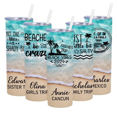 PRICES MAY VARY. PERSONALIZED BEACH TUMBLER GIFTS: Personalized vacation skinny tumblers are an excellent choice for anyone looking to give a unique and unforgettable gift. You just need to click"Customize Now" button and input your name or text. We can create the unique tumbler gifts for you, whether for yourself or someone special.Customized travel tumbler cups can add meaningful text as a unique gift for your family on Birthday, Christmas, Anniversary, Travel or holiday. BEACH GIFTS FOR WOMEN Family Vacation Cups, Vacation Gifts For Friends, Vacation Tumbler Ideas, Vacation Tumbler, Custom Travel Mugs, Wedding Tumblers, Cruise Trip, Custom Coffee Cups, Bachelorette Party Planning