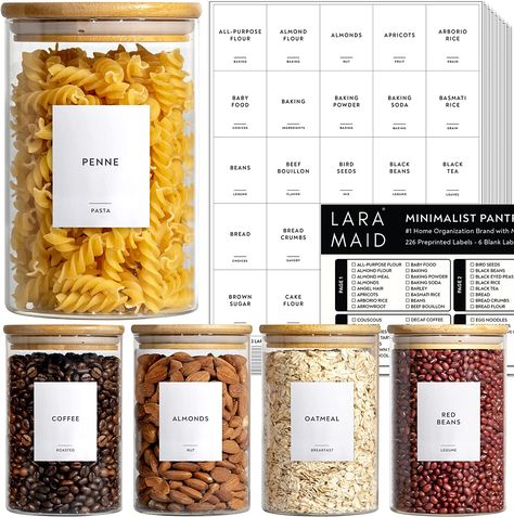 242 Minimalist Pantry Label Set, Black Text on White Vinyl Waterproof Label Sticker with Removable Adhesive - Fits on round, square and rectangle glass jars - Organize Baking, Grains, Beans and Snacks Food Label Sticker, Kitchen Pantry Labels, Spice Rack Organization, Pantry Containers, Cereal Storage, Kitchen Labels, Plastic Canisters, Spice Labels, Organizing Labels