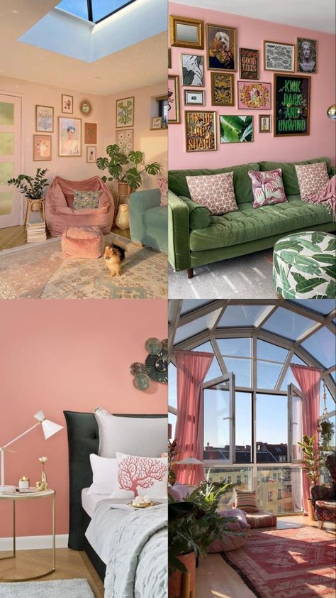 Colorful Fun Living Room, Dopamine Living Room, Green Pink Room Aesthetic, Peach And Green Room, Pink And Green Aesthetic Bedroom, Pink And Green Room Aesthetic, Pink And Green Bedroom Aesthetic, Dopamine Decor, 70s Living Room