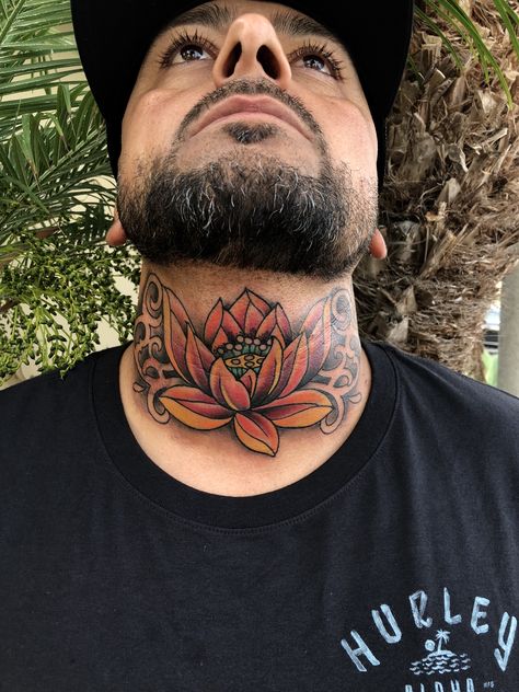 Flower Throat Tattoo, Neck Tattoos Women Throat Butterfly, Lotus Tattoo Men, Neck And Throat Tattoos Men, Chest Neck Tattoo, Flower Neck Tattoo, Best Neck Tattoos, Tattoo Session, Traditional Tattoo Flowers