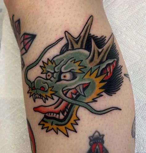 Traditional Japanese Dragon Head Tattoo, Dragon Head Tattoo Traditional, Dragon Head Japanese, Dragon Tattoo American Traditional, Japanese Head Tattoo, Alamo Tattoo, Trad Dragon Tattoo, Traditional Dragon Head Tattoo, Japanese Traditional Dragon Tattoo