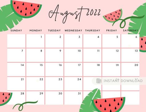 Watermelon Calendar, Calendar Aesthetic, Fillable Calendar, 2024 Calendar Printable, Facebook Template, Calendar Background, July Calendar, Pink Printable, August Calendar