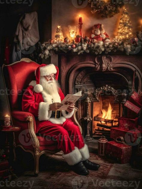 Checking his special list Traditional Santa Claus sitting at his chair and reading a letter with fireplace and Christmas Tree in the background, Generative AI Santa Sitting In A Chair, Fireplace And Christmas Tree, Christmas Toy Store, Santa Chair, Free Christmas Backgrounds, Christmas Background Images, Chair Ideas, Gift Drawing, Portrait Ideas