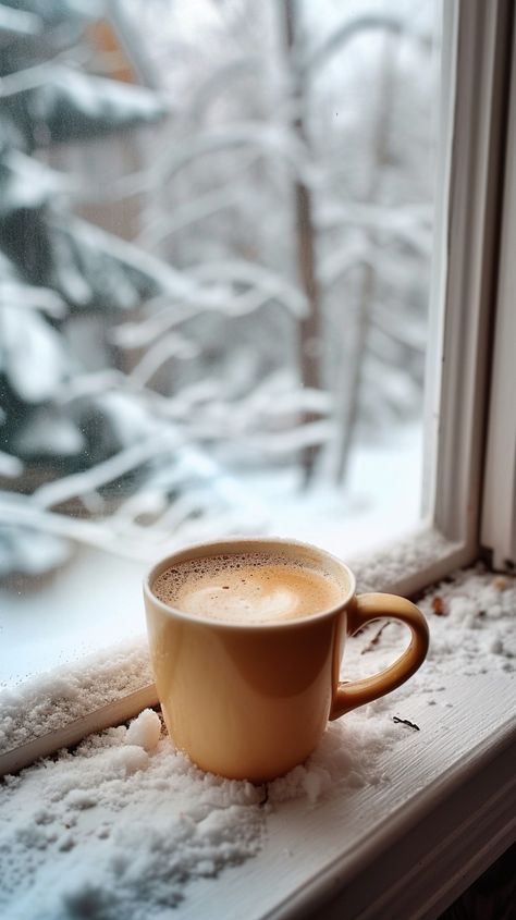 Cozy Winter Coffee: A warm cup of coffee sits on a snow-dusted windowsill against the backdrop of a wintry scene. #coffee #winter #snow #windowsill #warmth #aiart #aiphoto #stockcake ⬇️ Download and 📝 Prompt 👉 https://ayr.app/l/1yHZ Good Morning Cold, Coffee In Winter, Snow Coffee, Coffee Image, Coffee Winter, Good Morning Winter, Hot Cup Of Coffee, Snow Images, Coffee Images