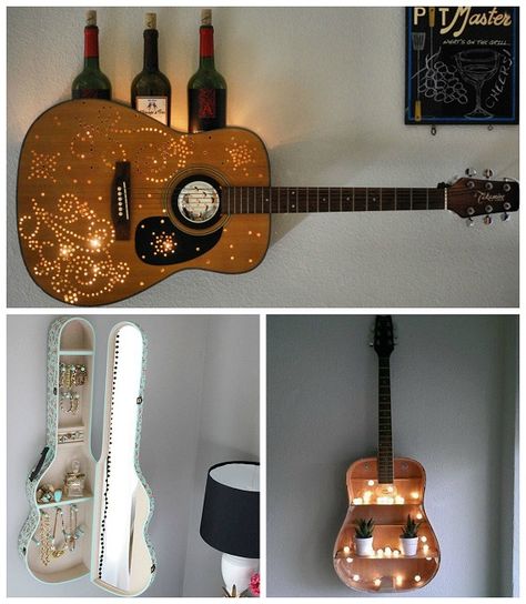 I found these cool ideas to use old guitars and cases on Pinterest! Guitar Wine Rack: “I made this out of an old, broken guitar. Didn’t cost a penny. “Google” swirl images and print them out. Tape stencils on the guitar. Drill holes along stencil. Remove paper. Use a jig saw to open top about 1/3rd … Guitar Lamp, Broken Guitar, Guitar Decorations, Guitar Shelf, Guitar Crafts, Crafty Morning, Appartment Decor, Guitar Diy, Guitar Ideas