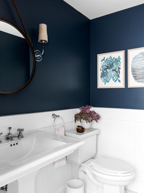 Shiplap Rules in This Port Washington Farmhouse by Designer Becky Shea Dark Blue Bathrooms, Bathroom Remodel Cost, Bad Inspiration, Sopot, Trendy Bathroom, Small Bathroom Design, Blue Bathroom, Minimalist Bathroom, Bathroom Renos