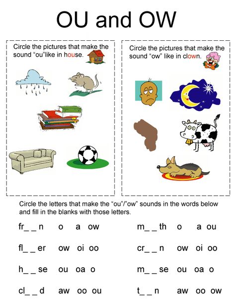 Phonics Worksheets..Rules to remember to teach difference between OU and OW...There is a simple rule, which has only three exceptions:  OW is used: 1. at the end of a word eg how, cow   2. at the end of a syllable within a word eg flow-er, tow-el   3. before 'n' or 'l' if they are at the end of a word eg brown, howl  OU is used in every other case....  ... with the following exceptions: noun  foul  crowd Diphthongs Ou Ow Worksheets, Ou And Ow Spelling Rule, Ou Words Phonics, Ou And Ow Worksheets, Ou Sound Worksheets, Ow Words Worksheet, Oi Worksheets, Sound Chart, Ou Words