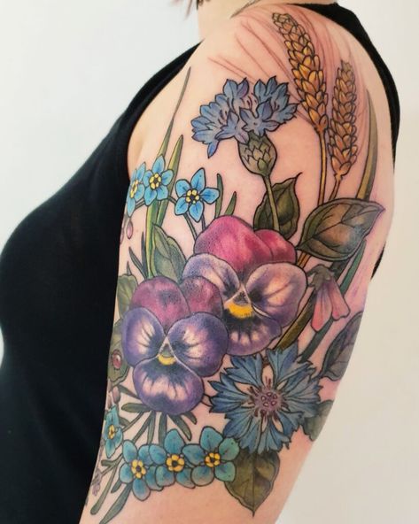 Totoro Tattoo, Pansy Tattoo, Shoulder Tats, Art Nouveau Tattoo, Poppy Tattoo, Tattoo Tree, Nouveau Tattoo, Corn Flower, Poppies Tattoo