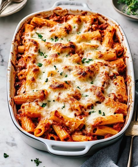 This easy Baked Rigatoni recipe is the ultimate comfort food. With a rich marinara sauce and melted cheese, it’s perfect for family dinners! Rigatoni Marinara Pasta, Recipe Using Marinara Sauce, Stuffed Rigatoni Pie, Recipes With Raos Marinara, Easy Rigatoni Recipes, Creamy Rigatoni Recipes, Chicken Rigatoni Recipes, Rigatoni Carbonara Recipe, Recipes With Marinara Sauce