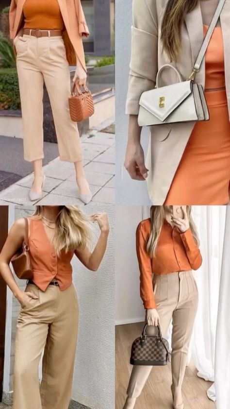 #streetStyle #fashionTrends #fashionBloggers #fashionLovers #fashiondesigner #Outfit #Outfitoftheday #ootd #fashionweek #Fashion #Dailylook #style #styleinspiration #womenfashion #pinterestfashion #pinterestaesthetic #discoverunder #pinterestinspired #styleinspo #Womenstyle #classy #fashion #style #love #elegant #beautiful #beauty #ootd #fashionblogger #instagood #fashionista #model #stylish #luxury #photography #trendy #fashionstyle #lifestyle #instafashion #photooftheday #chic #classic Beige And Orange Outfit, Colour Combinations Fashion, Color Combos Outfit, Color Combinations For Clothes, Office Casual Outfit, Beige Outfit, Tan Pants, Classy Work Outfits, Trendy Fall Outfits