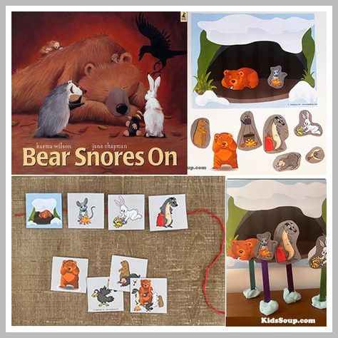 Bear Snores On Story Time Activities, Crafts, and Games. Bear Snores On story printables and re-telling cards and activity. Bear Snores On song and coloring sheet Story Time Activities, Kindergarten Invitations, Hibernating Bear Craft, Hibernation Crafts, Forest Animals Preschool, Hibernation Activities, Animals That Hibernate, Homeschool Nature Study, Nursery Preschool