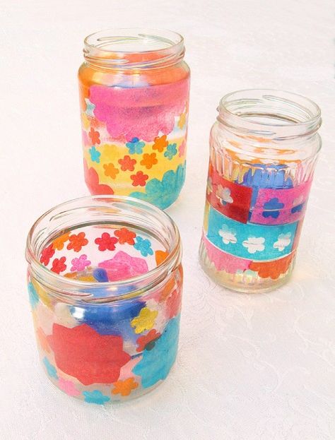 Decoupage Candle Holder · Candle Making | CraftGossip.com Tissue Paper Candle Holders, Decoupage Candle Holder, Tissue Paper Candles, Nature Preschool, Tissue Paper Lanterns, Decoupage Candles, Decoupage Jars, Glass Lanterns, Recycled Jars