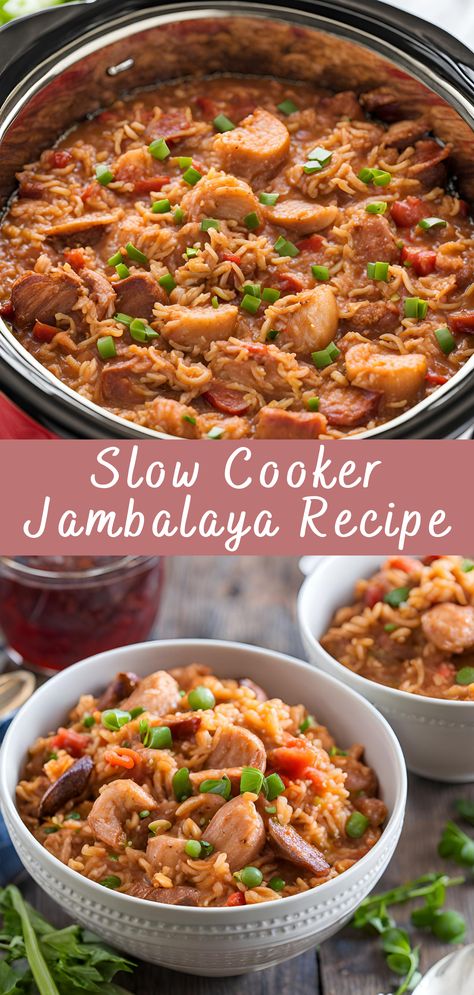 Slow Cooker Jambalaya Recipe | Cheff Recipes Slow Cooker Jambalaya Soup, Jambalaya Recipe No Shrimp, Cabbage Jambalaya Recipe, Jumbalaya Slow Cooker Easy, Jumbalya Crockpot Recipes, Crock Pot Jambalaya Recipe, Rice Cooker Jambalaya Recipe, Crockpot Paella, Southern Crockpot Recipes