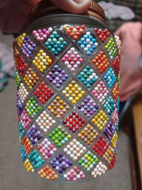 Diamond Painting: Show Us Your Leftover Drill Projects | My daughter made this jar with her left over beads for me.i love it | Facebook Diamond Painting Leftovers Ideas, Diamond Painting Leftover Beads, What To Do With Left Over Diamond Art Diamonds, Diamond Painting Leftovers, Diy Diamond Painting Pattern, Leftover Diamond Painting Beads Ideas, Diamond Painting Ideas, Diy Rhinestone Crafts, Diy Resin Keychain