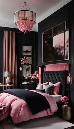 Dark Feminine Bedroom Decor, Feminine Bedrooms For Women, Black Room Decor Bedroom, Black And Pink Bedroom, Bedroom Sanctuary Ideas, Pink And Black Bedroom Ideas, Feminine Bedroom Ideas, Dark Feminine Bedroom, Light Pink Bedrooms