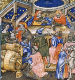 Wine merchants in Bologna, from a manuscript of c 1345 (image is in the Public Domain). Geoffrey Chaucer's father was a London wine merchant Medieval Kitchen, Medieval People, Medieval Food, Wine History, Athens Food, Wooden Bucket, Wine Merchant, European Garden, Wine Art